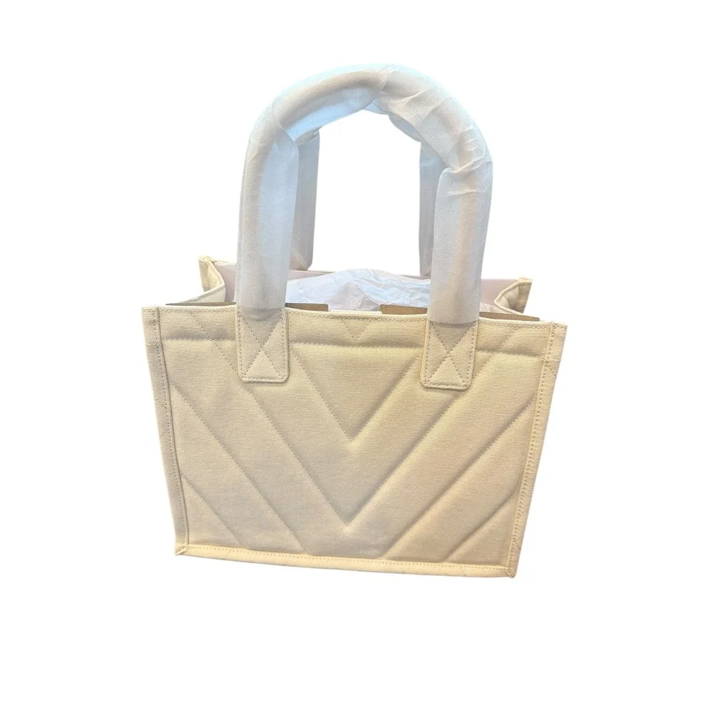 Sandro Quilted Canvas Tote Bag‎ Top Handle Chevron Logo Cream Small NWT - Picture 3 of 4
